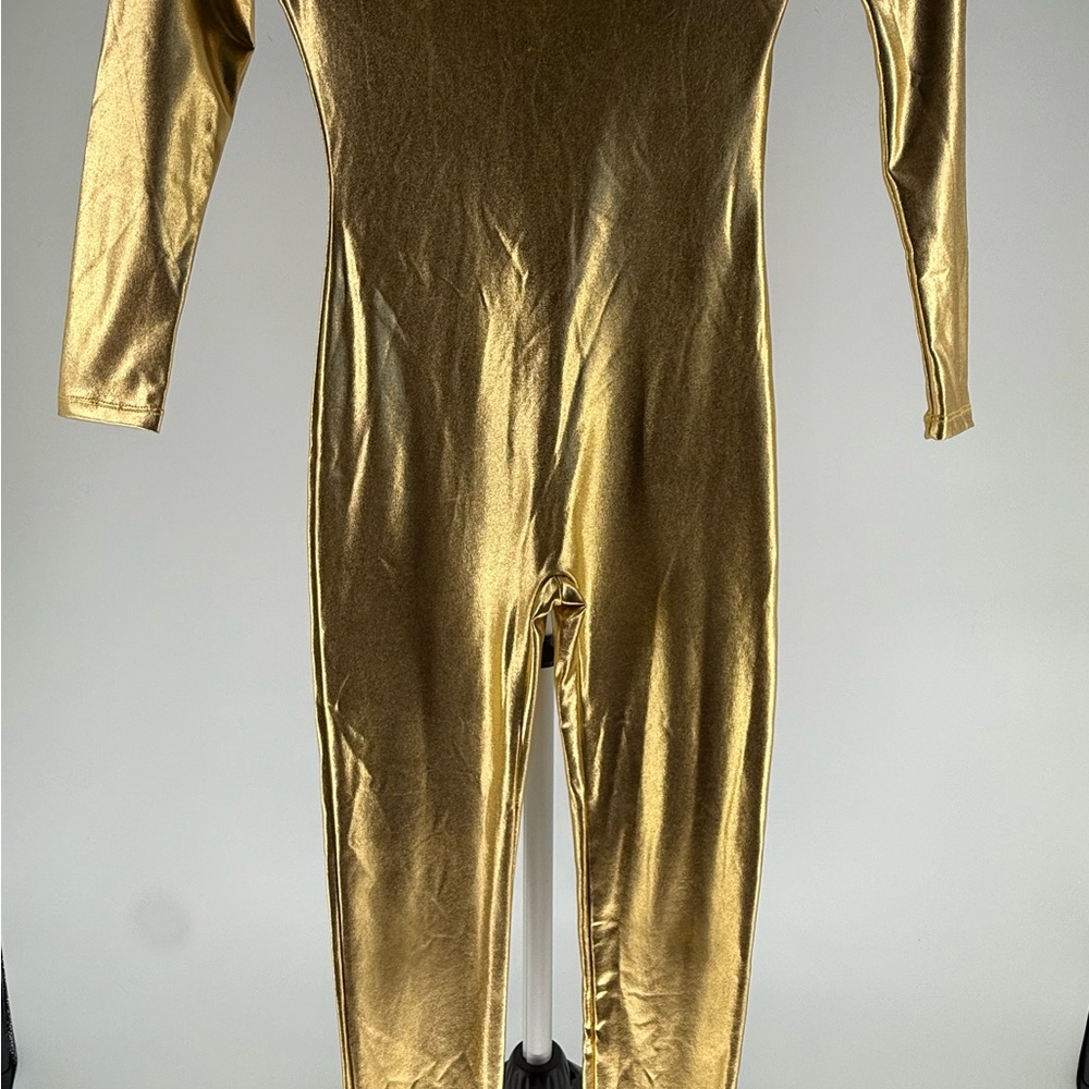 Kepblom Solid Metallic Gold Dance Costume Pantsuit Bodysuit Costume Youth Medium